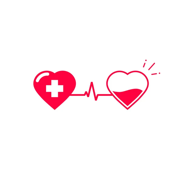 Símbolo vectorial de donación de sangre, dos corazones conectados con cardiograma de pulso — Vector de stock
