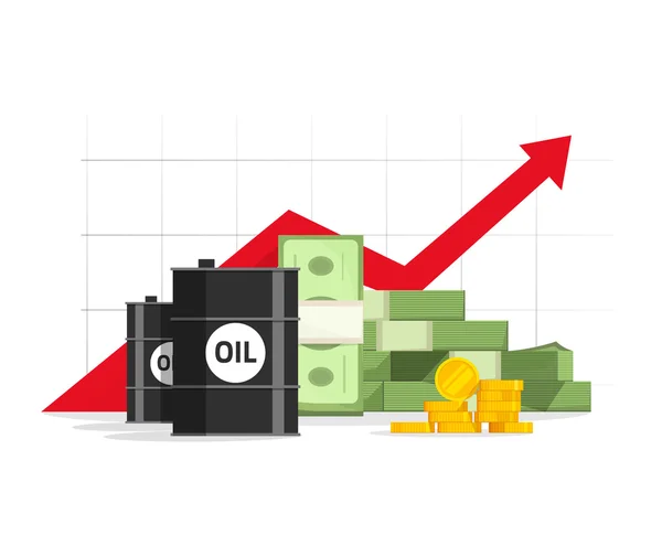 Barril de petróleo, pila de dinero, gráfico de aumento rojo y flecha hacia arriba — Archivo Imágenes Vectoriales