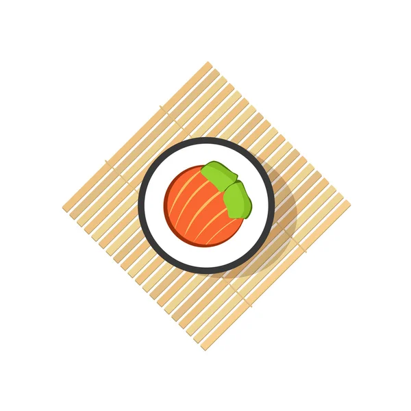 Rolo de sushi com vegetais abstratos, ingredientes de salmão, tapete de madeira rolante — Vetor de Stock