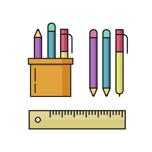钢笔和铅笔，尺子矢量插图集上白色孤立 — 图库矢量图片