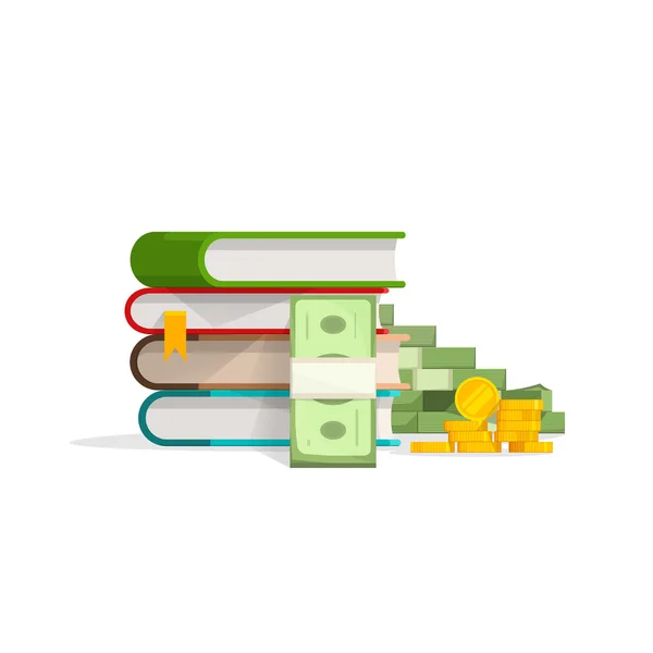 Pila de libros con pila de dinero en efectivo, monedas vector aprendizaje concepto — Vector de stock