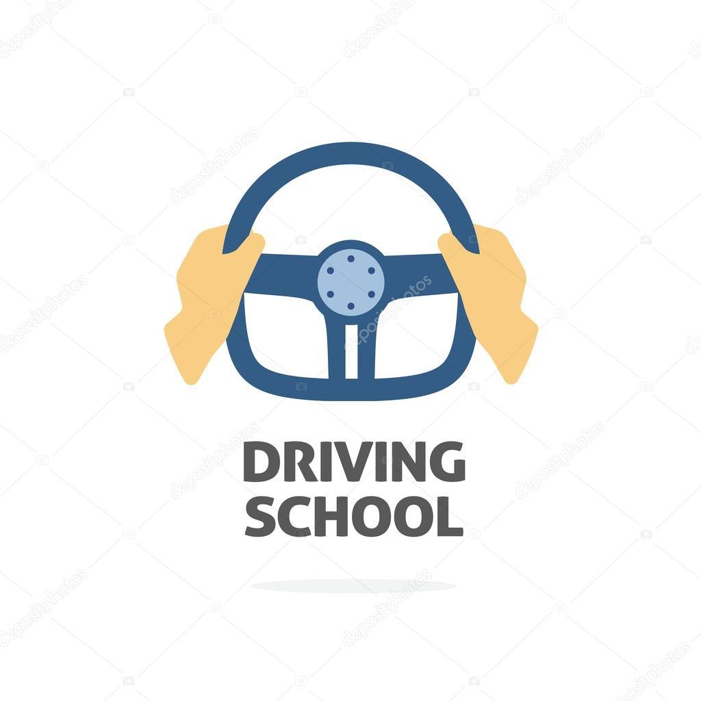 Driving school logo vector template, hands holding sport steering wheel icon, flat trendy cartoon symbol design isolated on white background sign