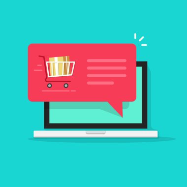 Dizüstü shopping cart tam, kırmızı konuşma balonu vektör çizim