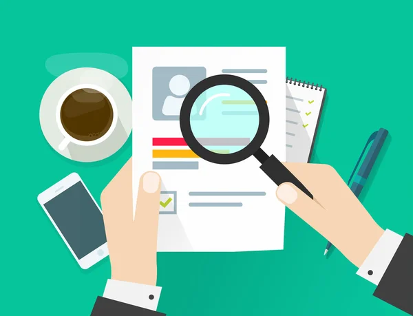 CV uygulama kağıt levha, holding iş adamı eller belge devam.