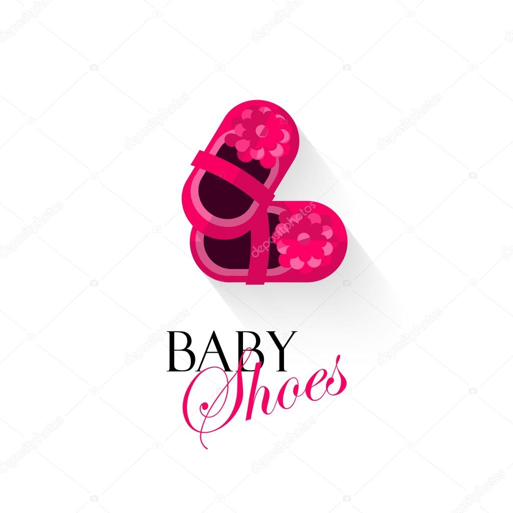 Baby shoes vector illustration isolated on white background, pink shoes for small girls, kids shoes cartoon flat logo design, banner, poster or card cover