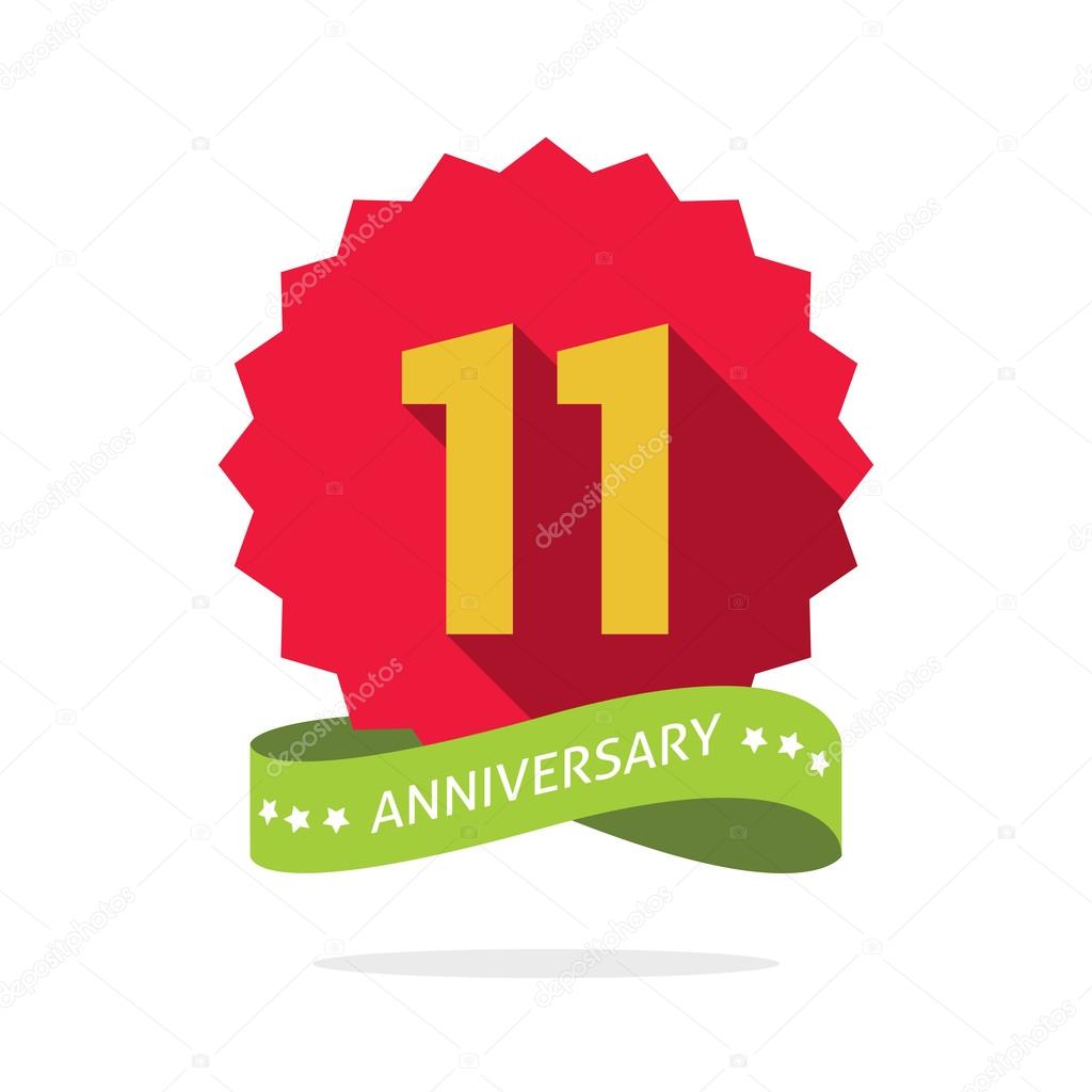 11th anniversary badge with shadow on red starburst and yellow number 11 eleven.11 years anniversary icon, eleventh years symbol, ribbon, vector emblem isolated on white