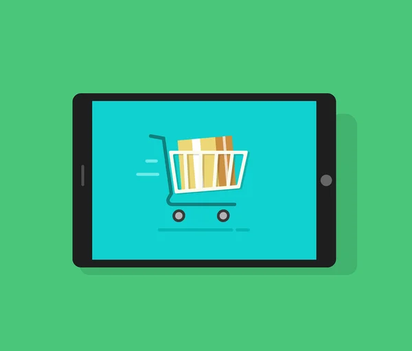 Tablet ordenador y carrito de compras completo en movimiento — Vector de stock