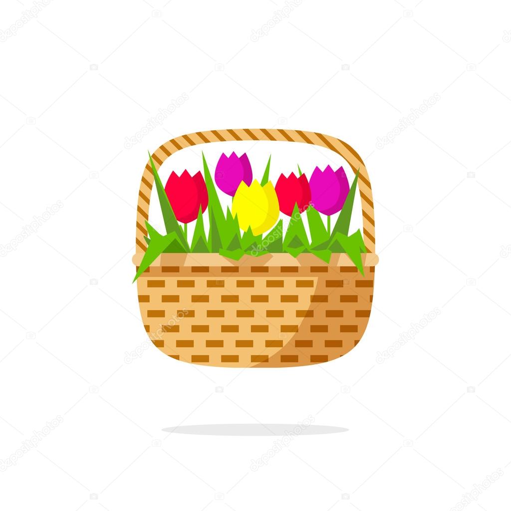Flowers basket vector icon, abstract flowers beauty bouquet with green leaves, tulips, concept of gift symbol, shop logo, delivery emblem, flat modern illustration design isolate on white background