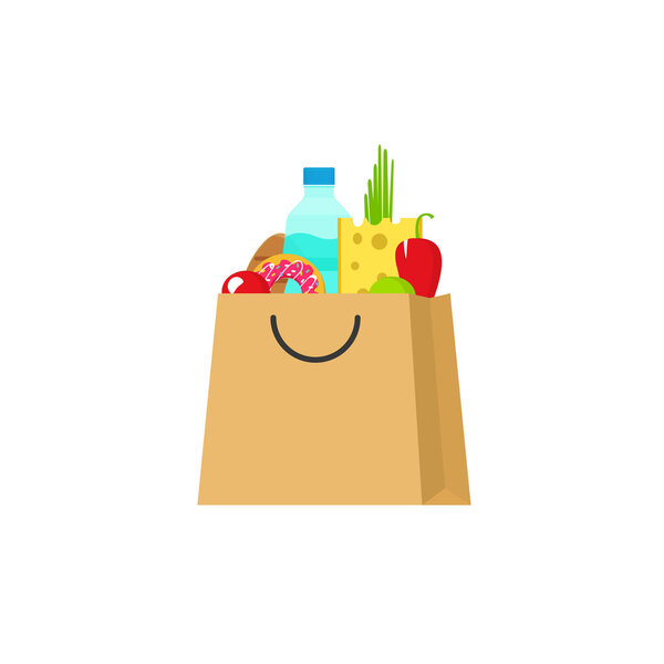 Grocery bag vector illustration isolated, paper pack of food products