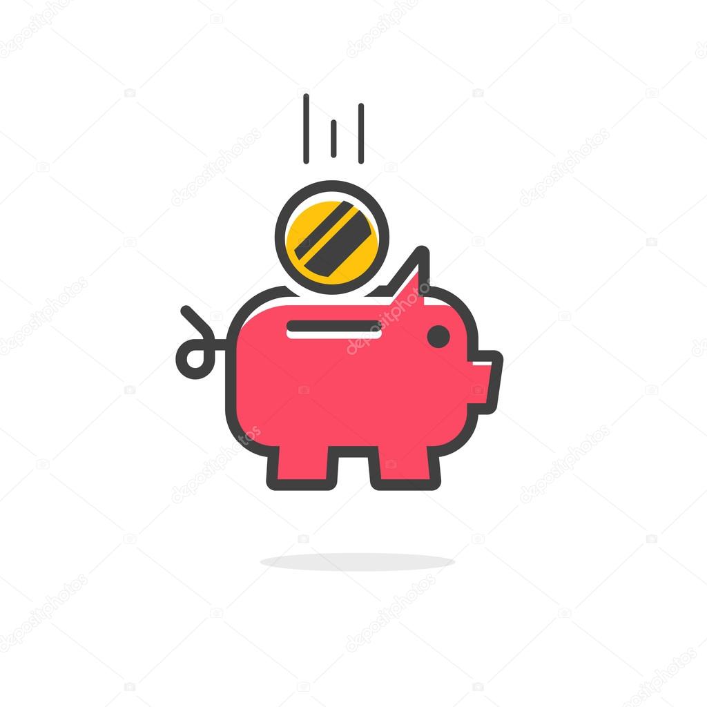 Piggy bank coin vector icon, red piggybank symbol with abstract falling flying coin, thin line outline style modern emblem design, piggy bank flat icon illustration isolated on white background