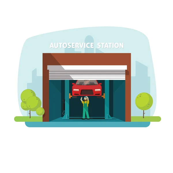 Bil reparation hjälp garage, auto servicecenter med mekaniker arbetar — Stock vektor