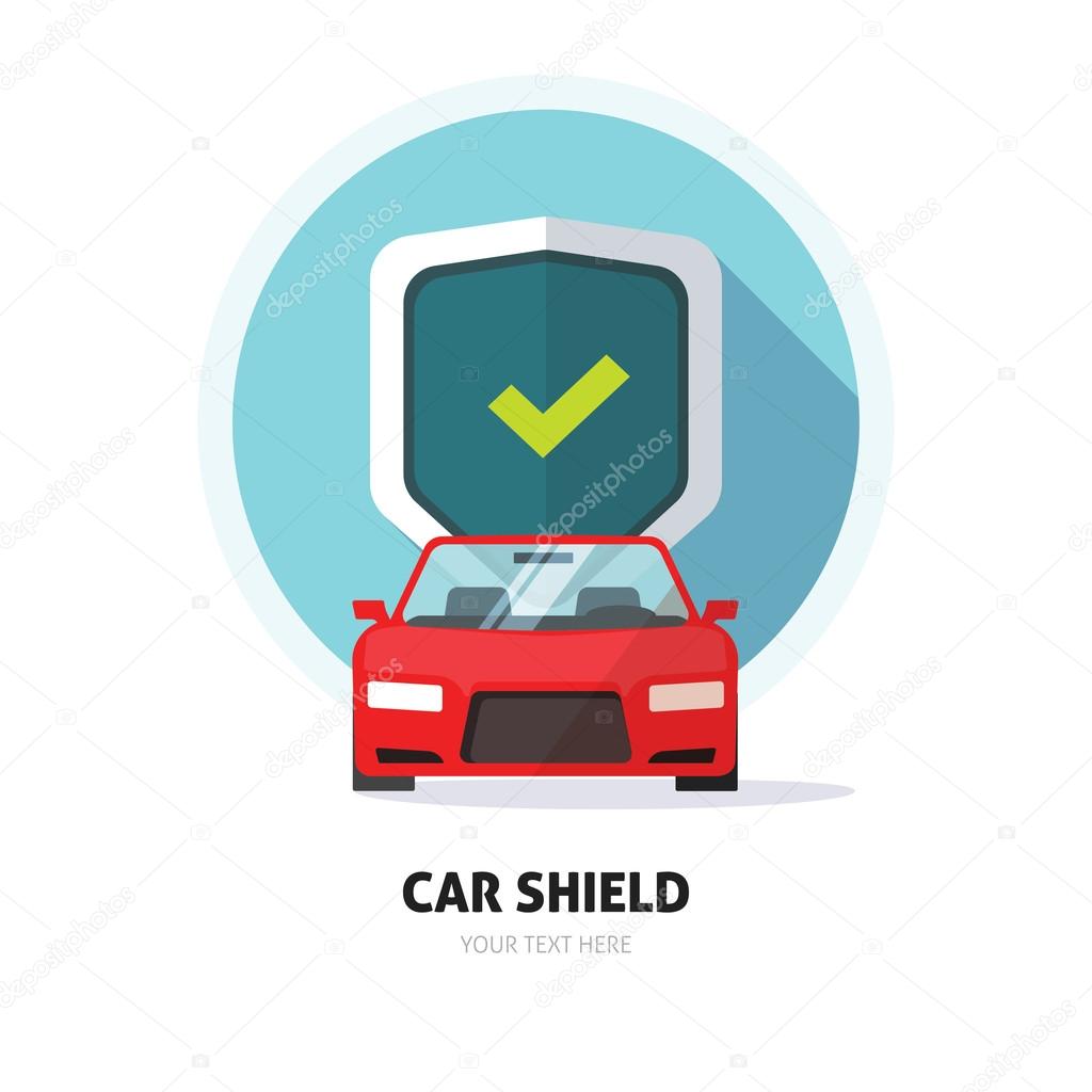 Car guard shield sign, collision insurance shop store logo emblem auto tuning service red sport car front view, protection, driver flat security system badge. Theft modern design label illustration
