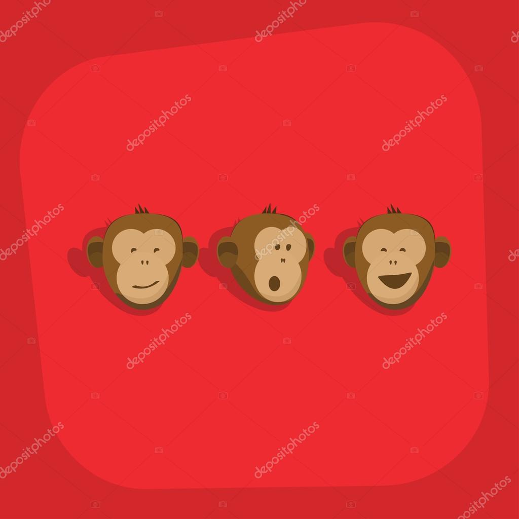 Monkeys faces emotions vector flat card design. Ape flat style animal icon set isolated on red background. Monkey smile, wonder emoticons logo template with head of monkeys. Zoo pets cartoon concept