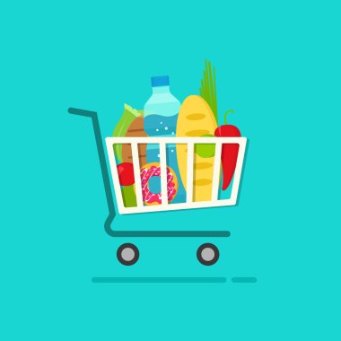 Grocery shopping cart with full of fresh products vector illustration