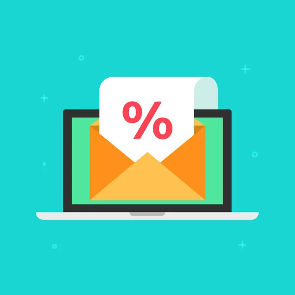 Newsletter conceito de vetor promoção de venda de e-mail, laptop com envelope aberto —  Vetores de Stock