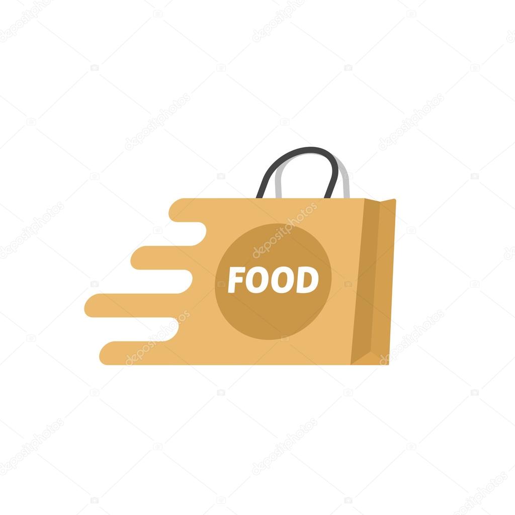 Food delivery vector logo isolated on white, paper shopping bag with food label icon, concept of online food supermarket symbol, fast delivery service creative logotype, brand
