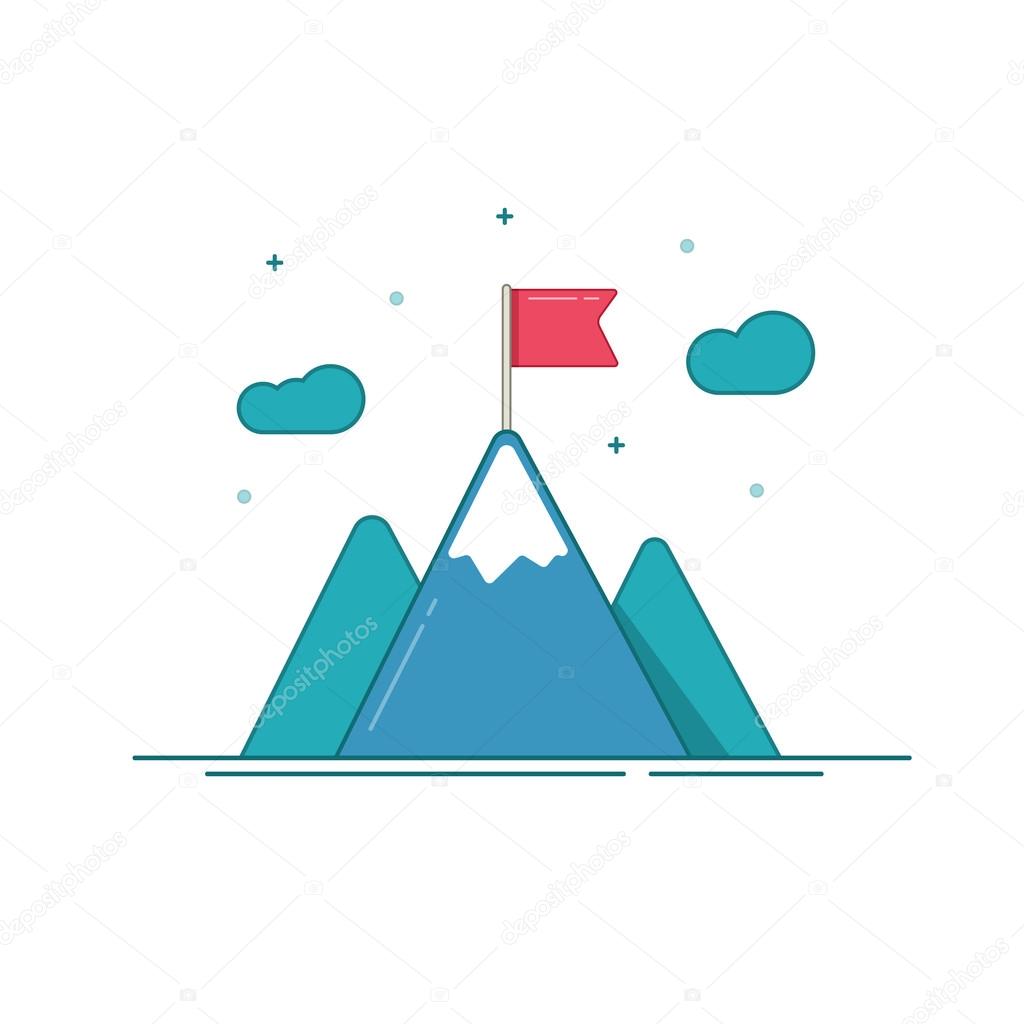 Leadership icon vector isolated on white, flat blue mountains with red flag on top, concept of success aim, mission goal, cartoon outline line leadership symbol design