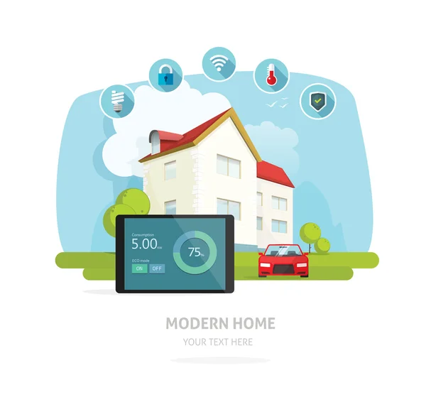 Ilustración del vector del hogar inteligente, tecnología de casa inteligente plana — Vector de stock