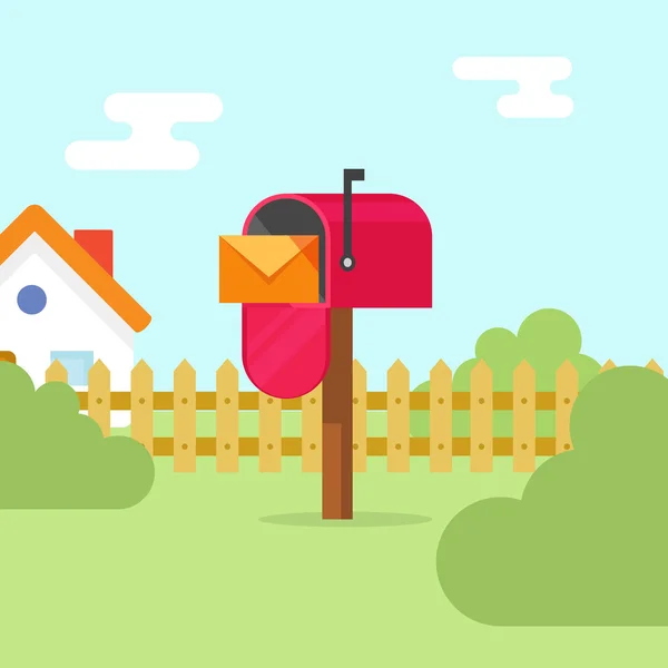 Mailbox met brief envelop en huis landschap vectorillustratie — Stockvector