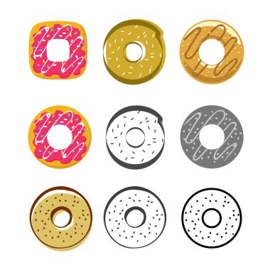 Beyaz arka plan üzerinde izole donuts vektör simgeler kümesi buzlanma sırlı