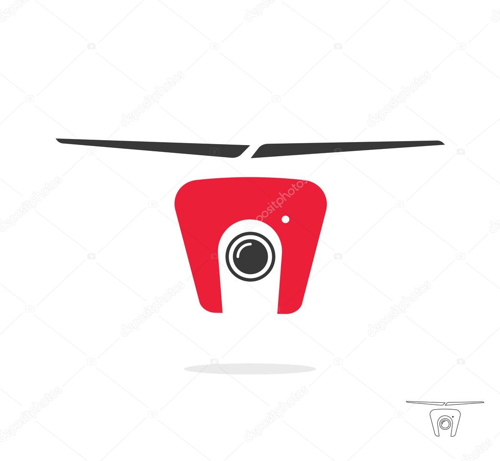 Flying camera drone vector illustration in flat simple style, robotics aircraft modern technology symbol, black icon, logo sign design isolated on white background, outline linear.