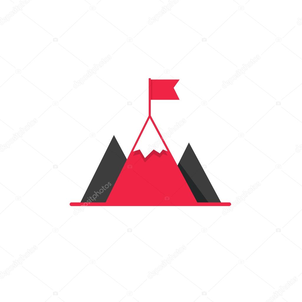 Black mountains with red flag on top vector logo, concept of leadership emblem, achievement success, mission symbol, mountaineering, hiking brand modern flat design isolated on white background