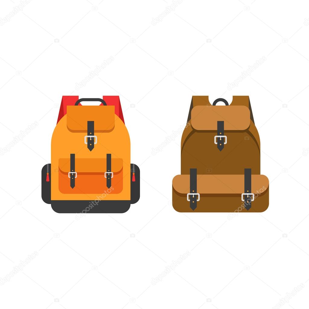 Backpacks vector illustration isolated on white background, flat color school orange backpack and mountain brown backpack