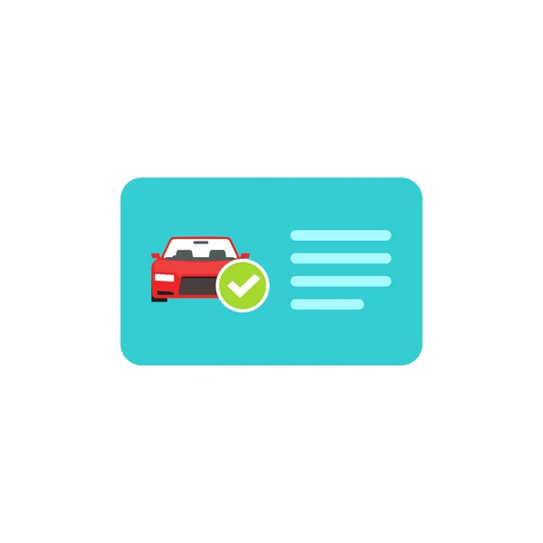 Icono de vector de licencia de conducir, tarjeta con coche y marca de verificación verde — Archivo Imágenes Vectoriales
