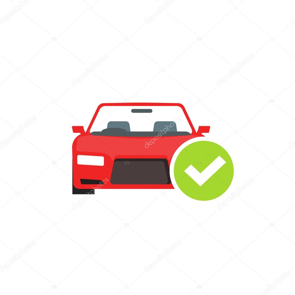 Red car with green checkmark icon, concept of car check test passed, auto diagnostic service vector emblem isolated on white background