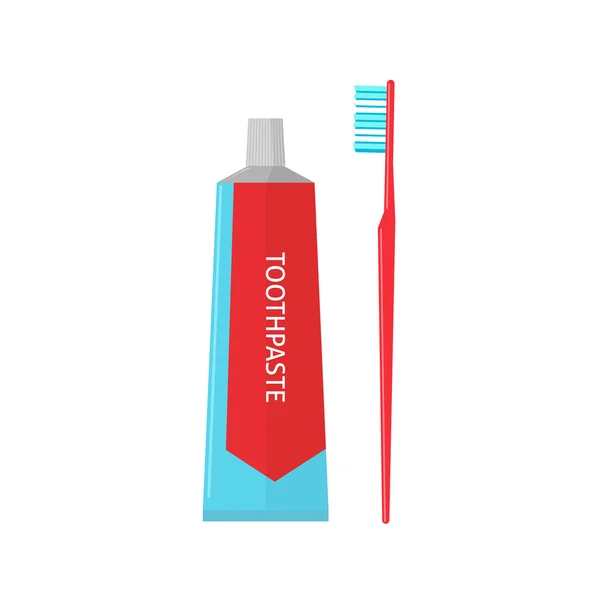 Tubo de pasta de dientes y cepillo de dientes aislados en la ilustración del vector de fondo blanco — Vector de stock
