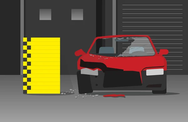 Crashed auto vettoriale illustrazione sul garage scuro, crash test concept — Vettoriale Stock