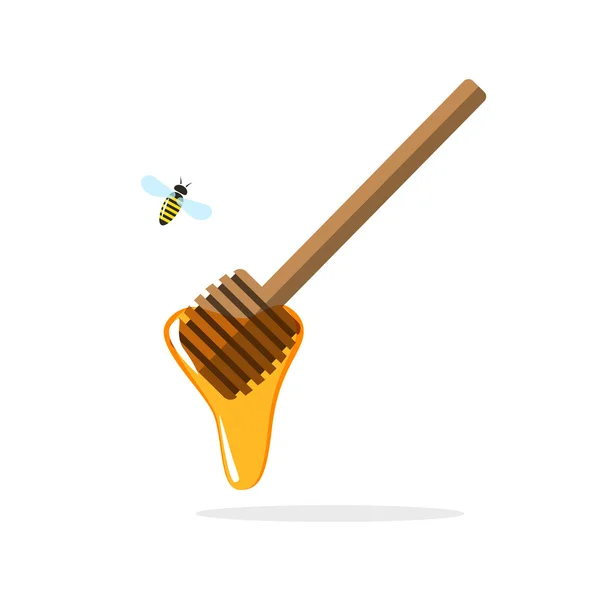 Miele vettore dipper, bastone di legno amd goccia che scorre, ape volante — Vettoriale Stock
