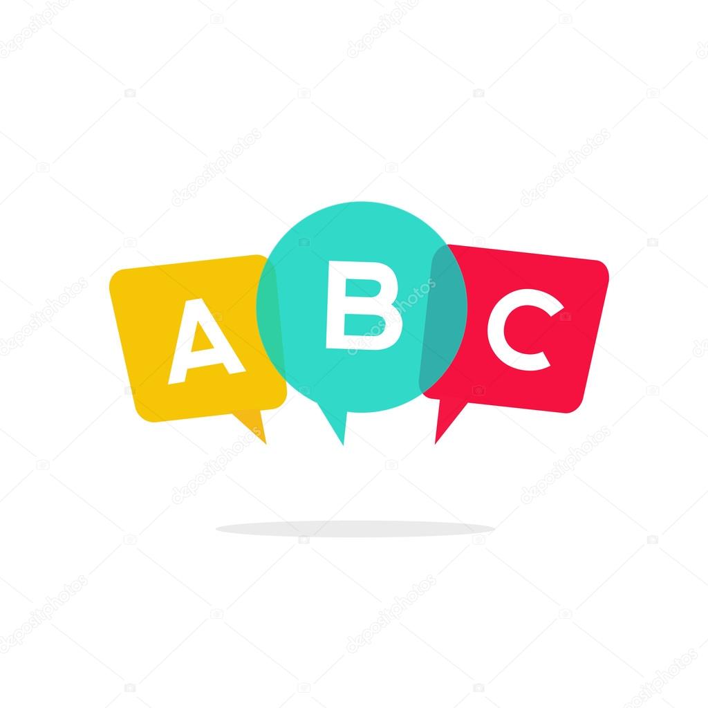 English school badge vector logo, language learning emblem icon with bubble speeches and a b c letters inside, symbol of speaking club translation education modern simple flat design isolated on white