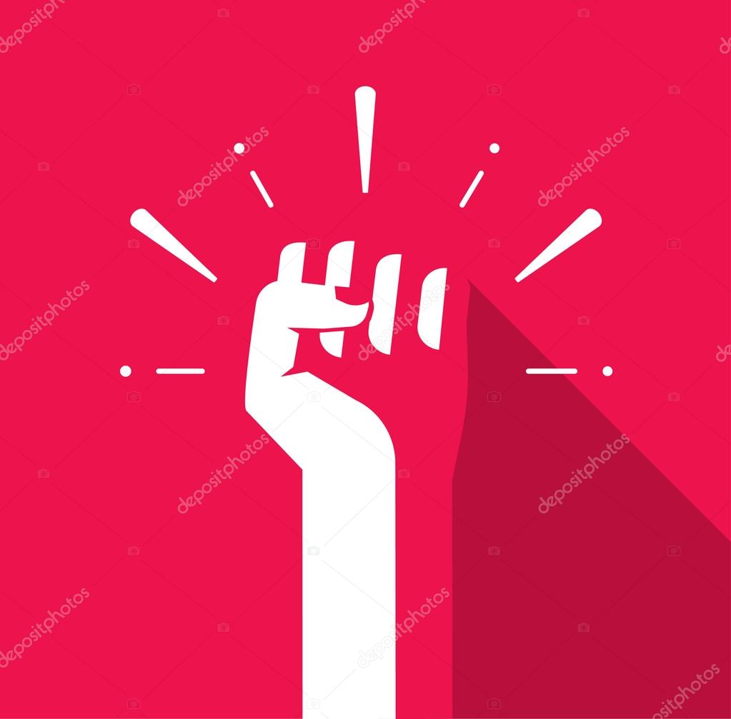 Fist hand up vector icon flat symbol, soviet, radical, patriotic freedom sticker, solidarity, uprising, propaganda, military, splashes, badge isolated on red, modern logo illustration design sign, tag