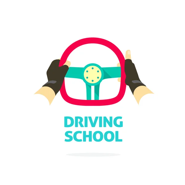 Plantilla de logotipo de la escuela de conducción, manos sosteniendo el volante pulgar hacia arriba — Archivo Imágenes Vectoriales