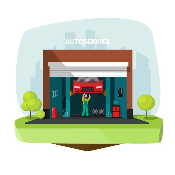 Garage de réparation de voiture, centre de service d'aide automobile vecteur avec mécanicien — Image vectorielle