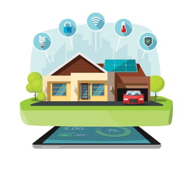 Akıllı ev modern gelecek ev vektör illüstrasyon, güneş enerjisi teknolojisi