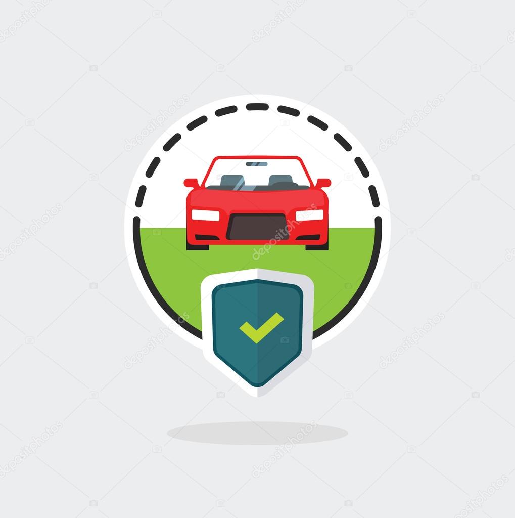 Car insurance logo isolated on blue background, automobile protected with shield, auto protection sign flat label badge