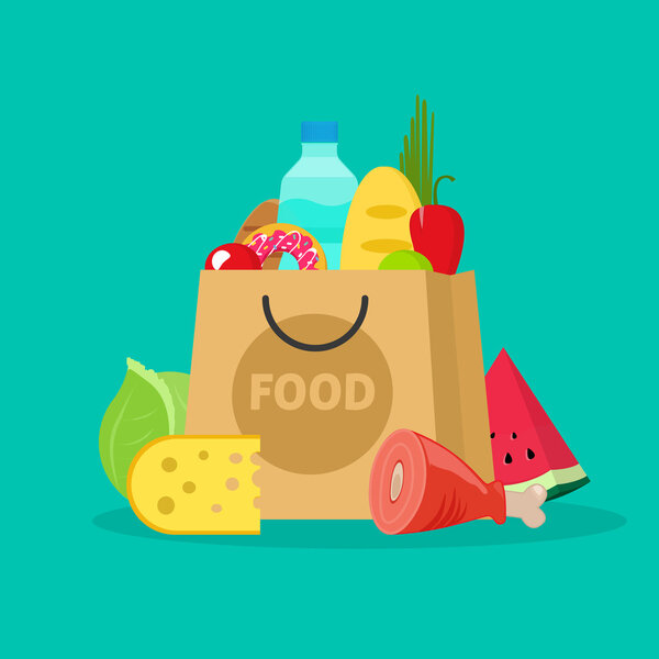 Grocery bag vector illustration isolated, paper packet of groceries
