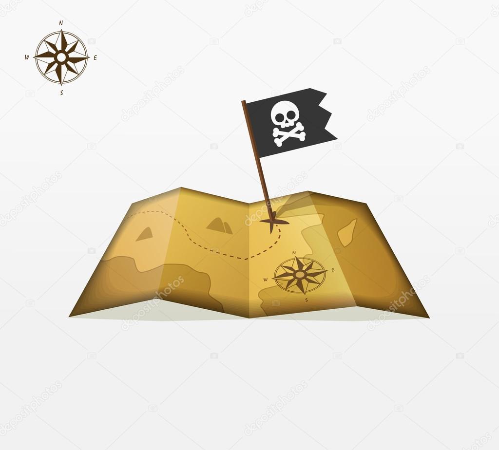 Treasure map vector illustration with coordinates, pirate flag symbol flat icon, skull crossbones, vintage compass badge, location, old retro ancient earth logo concept, isolated design ribbon label