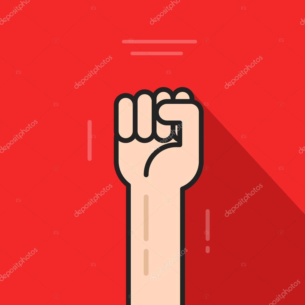 Fist hand up vector icon isolated on red background, revolution logo idea, freedom symbol, soviet concept, flat cartoon line art outline illustration