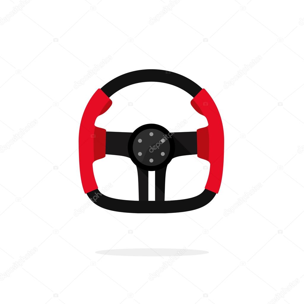 Steering wheel from sport car, retro F1 wheel concept, auto part, element, flat icon, modern symbol, design vector illustration isolated white background, extreme racing, driving logo concept.