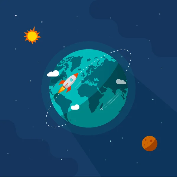 Földi globe hely vektor, rakéta-hajó, repülő körül keringő bolygó — Stock Vector