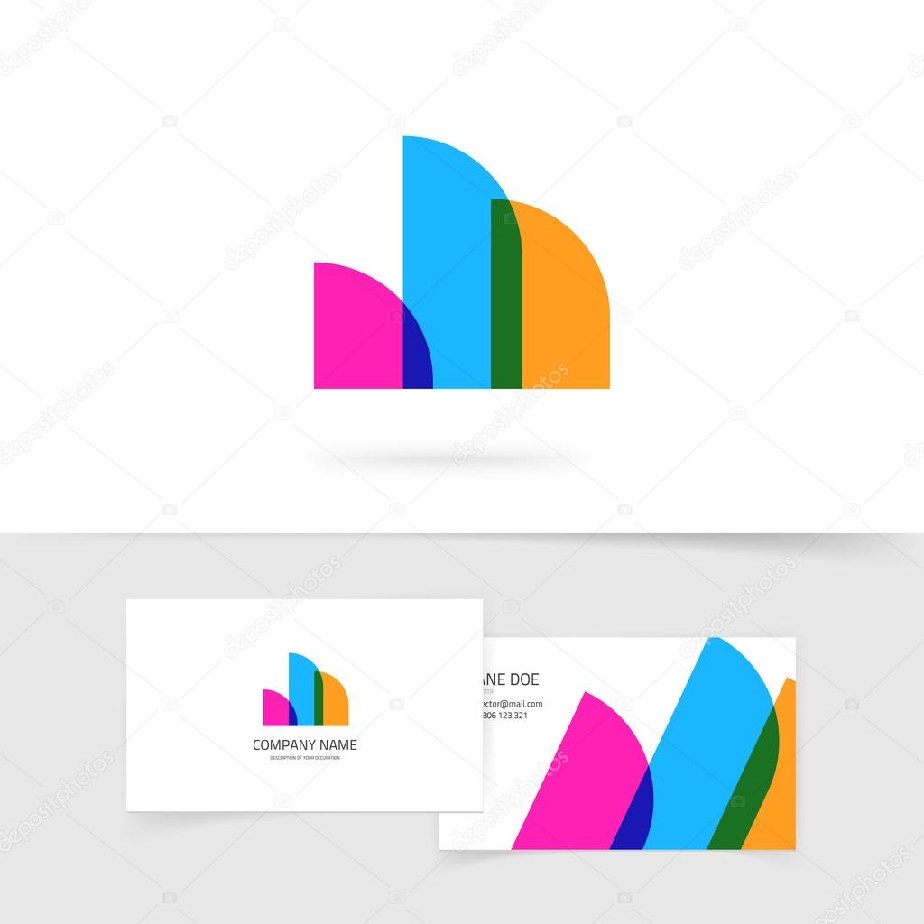 Abstract colorful logo vector element consist of three purple blue orange rounded transparent geometric shapes, concept of real estate, construction, stock analytics, financial logotype