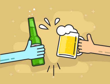 Eller bira cam ve şişe, mutlu arkadaşlar insanlar tezahürat, kızartma