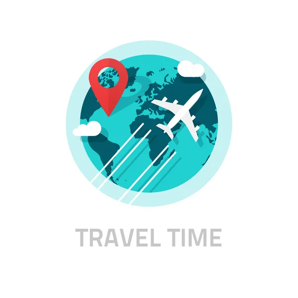 Viajando ao redor do mundo por vetor de avião, viagem e logotipo da viagem — Vetor de Stock