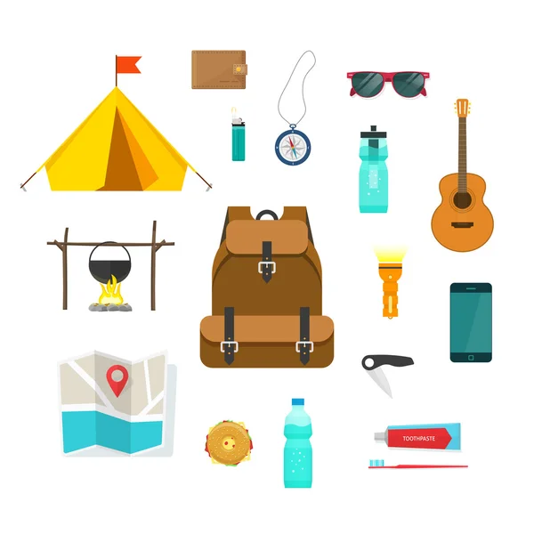 Zaino in spalla cose da trekking raccolta, viaggiatore zaino attrezzature per il campeggio — Vettoriale Stock