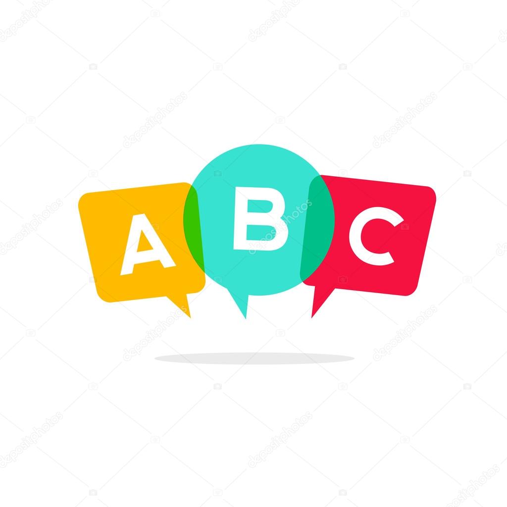 Learn ABC letters vector icon, child speaking conversation logo concept, language school badge isolated on white background, bubble speeches with three alphabet letters