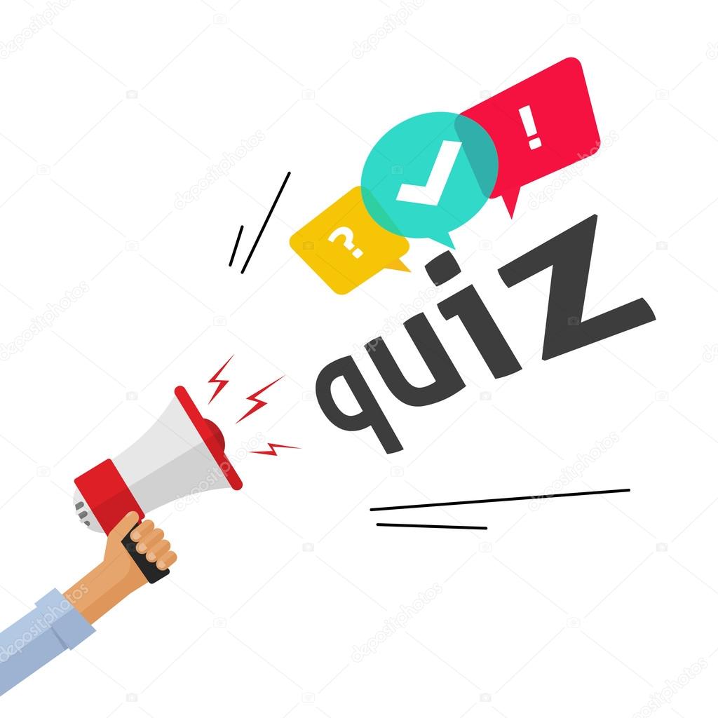 Hand holding bullhorn shouting quiz text and speech bubble symbols, concept of questionnaire show sing, question competition banner, exam, interview design vector illustration isolated on white