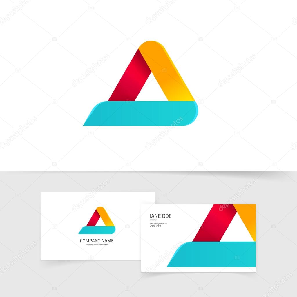 Colorful triangle logo with rounded corners vector isolated on white, blue orange red gradient abstract triangle logotype elements with shadow, letter a symbol, elegant creative geometric figure